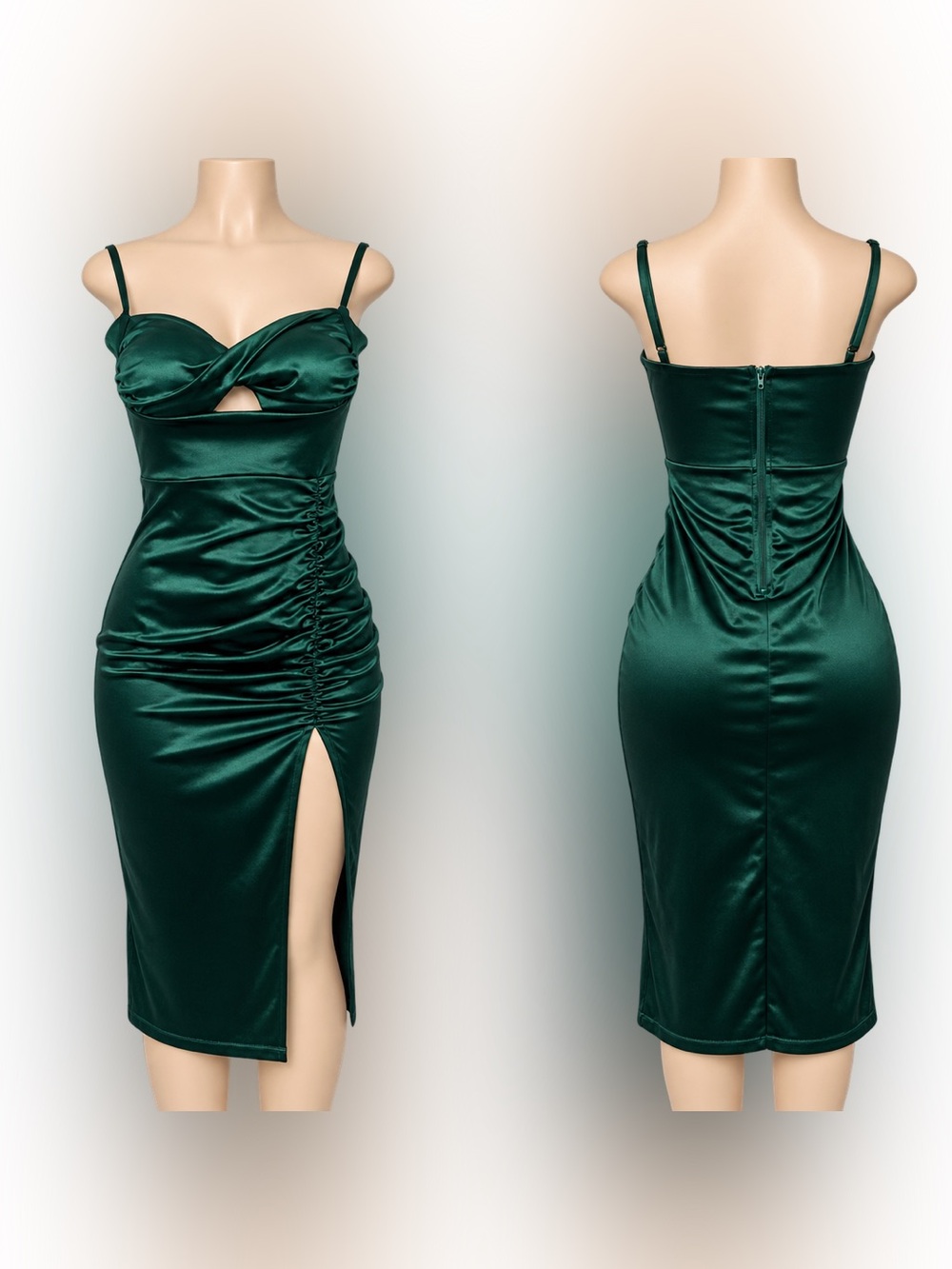Windsor Dark Emerald Satin Ruched Midi Dress with Side Slit